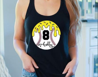 Custom Softball Number Tank Top, Softball Ice Cream Drip Crop Top, Softball Player Racerback, Softball Team Spirit Name V-Neck
