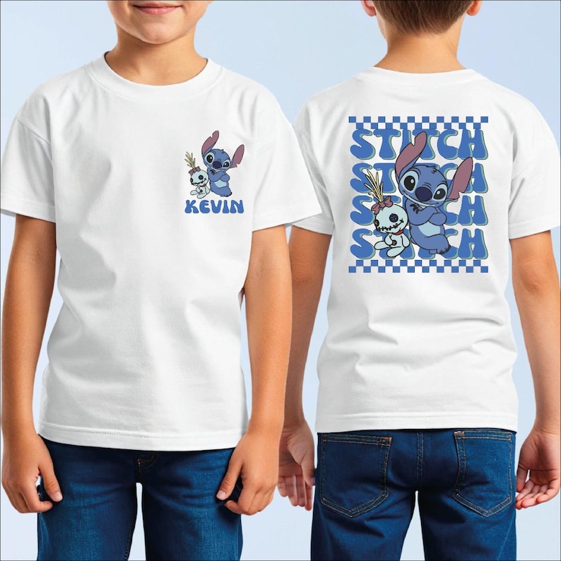 A boy wearing a white t-shirt with a graphic of Stitch and Kevin printed on it.