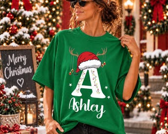 Custom Family Christmas Shirt, Custom Name Letter Tee, Matching Family Holiday Shirt, Christmas Party Tee