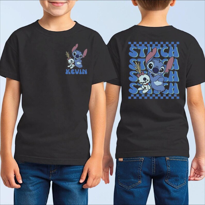 A black t-shirt with a graphic design featuring a character from the movie "Stitch". The character is shown in a playful pose, surrounded by a checkered pattern. The t-shirt also has the name "Kevin" printed on the front.