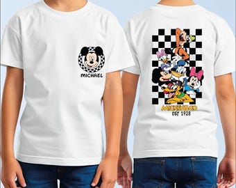 Camiseta personalizada a cuadros de Mickey y sus amigos, camiseta de Mickey y compañía, camiseta personalizada con nombre de Disney, camiseta Mickey Est. 1928, camiseta de viaje a Disney, BP
