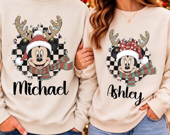Custom Disney Christmas Name Sweatshirt, Mickey Minnie Holiday Sweater, Custom Name Christmas Couple Sweatshirt