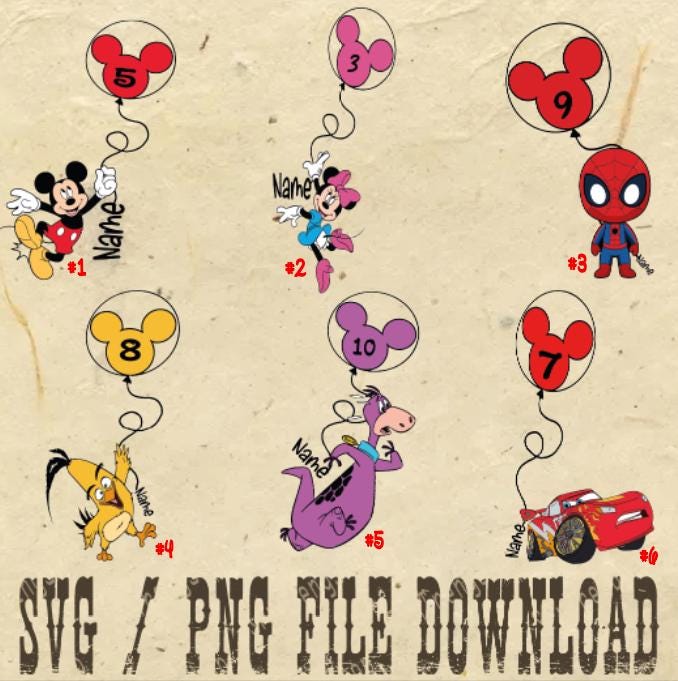 Custom Disney Characters Png, Disney Name and Number Balloon Birthday Png, Personalized Mickey Friends Png, Magical Kingdom Png