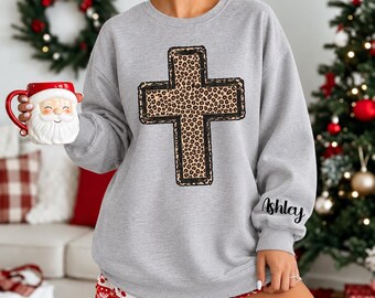 Custom Christian Christmas Sweatshirt, Leopard Name Sweater, Custom Name Faith Christmas Sweatshirt, BP