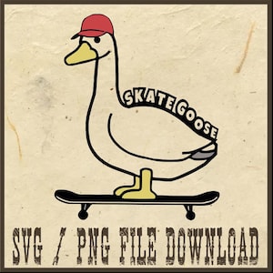 May include: A cartoon illustration of a goose wearing a red baseball cap and skateboarding. The goose is white with a black outline and the words "Skate Goose" are written on its back. The skateboard is black with red wheels.