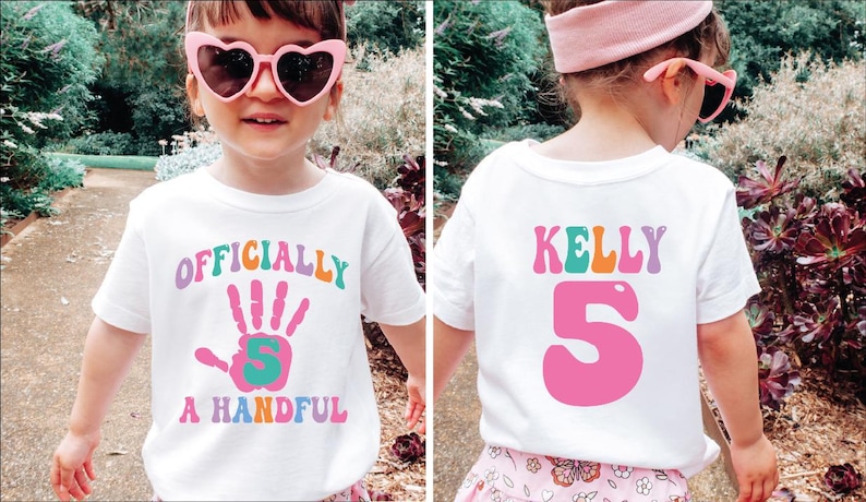 5th Birthday Girl Shirt, Custom Girls Fifth Birthday Tshirt, Officially A Handful Birthday Tee, Custom 5 Year Old Birthday Girl Shirt, BP image 2
