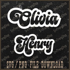 Może przedstawiać: Czarno-biały projekt graficzny z nazwami Olivia i Henry w retro stylu czcionki bąbelkowej. Tekst jest obwiedziony białym kolorem i umieszczony na czarnym tle. Tekst "SVG/PNG FILE DOWNLOAD" znajduje się na dole obrazu.