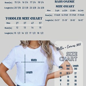 The image is a size chart for a white t-shirt, including measurements for different age groups and sizes.
