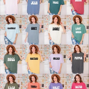 The image is a collage of 12 photos featuring women wearing different colored t-shirts, each with a unique name written on it.