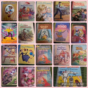 May include: A collection of nineteen spiral-bound children's storybooks featuring various illustrated covers including Pinocchio, Pound Puppies, Little Mommy, Wyatt Earp, Bedknobs and Broomsticks, Star Trek, Dumbo, Cinderella, and Sleeping Beauty.