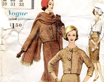 1950s Skirt Suit Stole Blouse Sewing Pattern, Wiggle Skirt, Waist Jacket, Long Three Quarter Sleeve, Rare 50s Special Design, Vogue 4946, XS