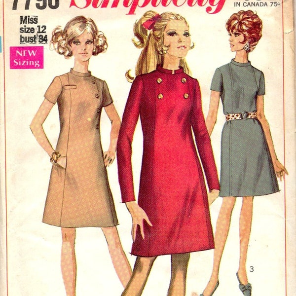 1960s Dress Sewing Pattern, Aline Dress, Bust 34, Princess Seams, Stand Up Collar, Back Zipper, Set in Sleeves, Simplicity 7796, Uncut FF