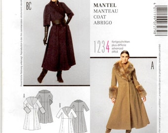 Midi Coat Sewing Pattern XS, XL, Faux Fur Collar Sleeve Cuffs, Semi Fitted, Pleats, Long Sleeve, High Fashion, Burda A 7279 Uncut FF 6 to 18