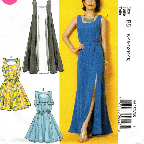 Pullover Fitted Gown Dress Sewing Pattern 5 Sizes XS to L, Easy Uncut FF, Flounced Scoop Neckline, Front Slit, Elastic Waist, McCalls 6952