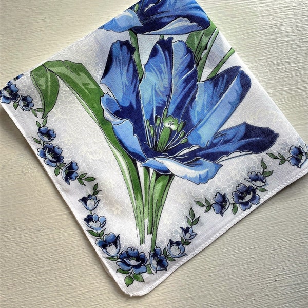 Vintage Handkerchief Hanky Blue Parrot Tulips Cotton, Shower Favor, Bridesmaids, Cottage Core, Wedding Sympathy, Gift Quilting, Gift for Her