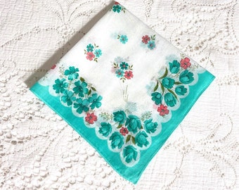 1960s Vintage Handkerchief, Aqua Floral Cotton Hankie, Bridesmaids, Shower Favors, Bridal Country Wedding, Sympathy Gift, Tea Party Quilting