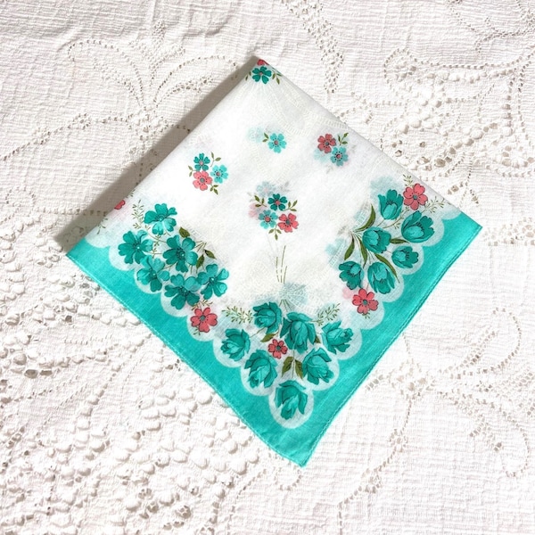 1960s Vintage Handkerchief, Aqua Floral Cotton Hankie, Bridesmaids, Shower Favors, Bridal Country Wedding, Sympathy Gift, Tea Party Quilting