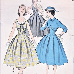 1950s Dress Sewing Pattern, 50s Fashion, Empire Jacket, Scoop Neckline, Long Bodice to V, Full Box Pleat Skirt, Advance 7972, Bust 30, image 1