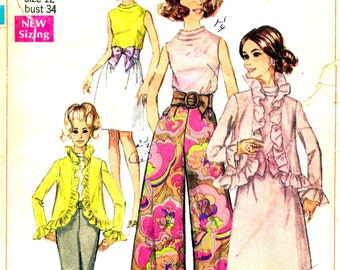 1960s Bell Bottom Wide Leg High Waist Pants Ruffle Trim Jacket, Skirt, Blouse Sewing Pattern Bust 34 Simplicity 7952, 60s Fashion, Mod Style