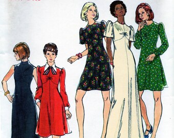 1970s Dress Mini Maxi Sewing Pattern, Two Lengths, Long Gathered Sleeve, Sleeveless, Pointed Collar, 70s Fashion Butterick 3434 Uncut FF XS