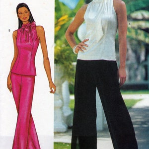 Op de afbeelding: Een Butterick naaipatroon met twee damesoutfits. De ene is een roze haltertop en bijpassende broek, de andere een witte haltertop en een zwarte broek met wijde pijpen. Het patroonnummer is 3136.