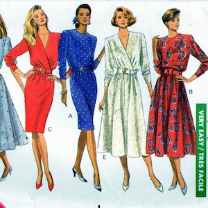 1980s Dress Sewing Pattern, Loose Fit Bodice V Neck Extended Shoulder Pads, Straight or Flared Skirt Mock Wrap, Butterick 4217 UNcut FF XS S