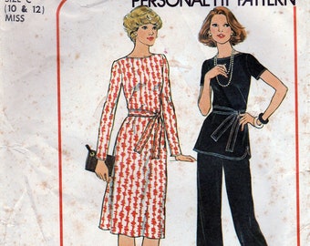 1970s Dress, Pants, Top Sewing Pattern, Long Short Sleeves, Shirt Tail Hem, Back Zipper, 70s Fashion Pattern, Simplicity 7843, Bust 34