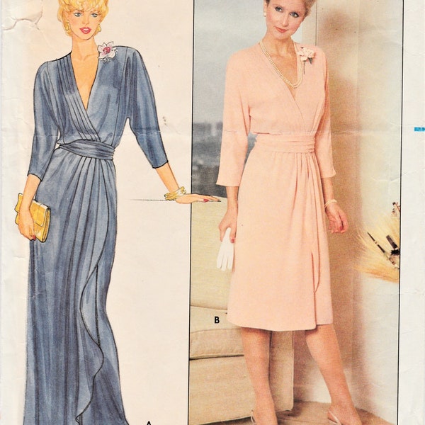 1980s Front Wrap Dress Gown Sewing Pattern, Low V Neck, Loose Fit, Cummerbund, Raglan Quarter Sleeve, Shoulder Pads, Bust 36, Butterick 4800