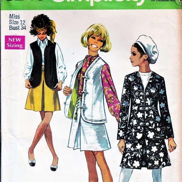 1960s Mod Fashion Sewing Pattern, 60s A Line Skirt Suit, 60s Long Vest, 60s Jacket, Princess Seaming, Simplicity 8245, Bust 34, UNCUT