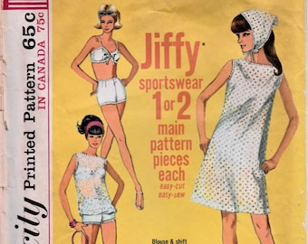 1960s Sewing Pattern, Summer Dress, Shift, Top, Two Piece Bathing Suit, Scarf, 60s Summer Fashion, Simplicity 6020, Vintage Size 12 Bust 32