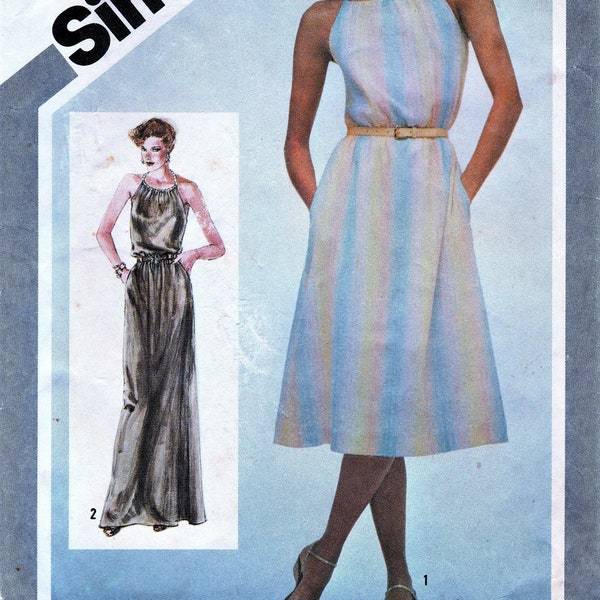 1980s Maxi Halter Dress Sewing Pattern, 2 Lengths Maxi Pullover, Drawstring Tie Neck Back Cross Back Elastic Waist, Simplicity 5127 Small