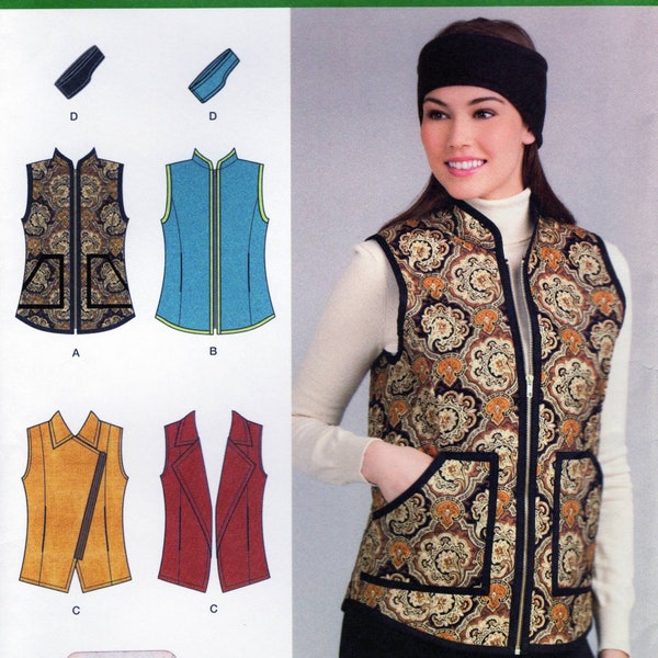 Winter Vest Headband Sewing Pattern Circa 2013, Zipper Front, Pockets, Sizes 16 to 24, Bust 38 to 46 Inches, Easy Simplicity 1499, Uncut FF