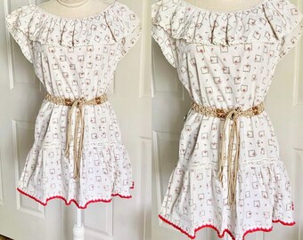 60s Baby Doll Nightgown, Peasant Tunic, Top, Ruffled Collar Hem, White Cotton Pink Roses, Cottage Core, Multi Size, 1960s Vintage Fashion