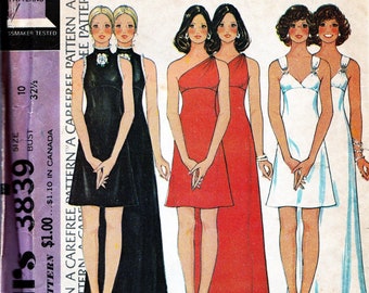 1970s Evening Gown Sewing Pattern, High Waist, Sleeveless, One Shoulder, High Neck Collar, Shoulder Straps, 70s Fashion McCalls 3839 Bust 32