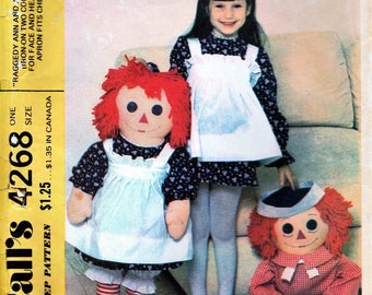 1970s McCall's 4268 Large Raggedy Ann and Andy 36" Dolls Sewing Pattern, Doll Dress fits Child 2 to 6, Rag Doll Pattern