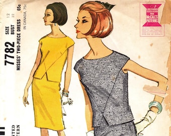 1960s Two Piece Dress Sewing Pattern, V Seam in Bodice Front, Cap Sleeves, Form Fit, Back Zipper, 60s High Fashion McCalls 7782, Bust 32