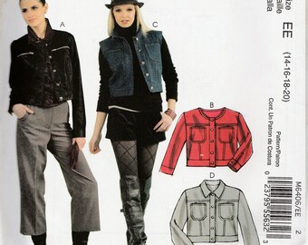 Jeans Jacket Sewing Pattern, Long Sleeves, Vest, Collar, Semi Fitted, Unlined, McCalls 6406, UNCUT FF, Sizes  M to L, Bust 36 to 42, 2011