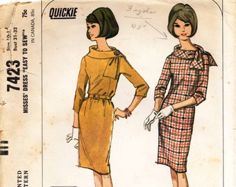 1960s Dress Sewing Pattern, Light Fit, Three Quarter Set in Sleeve, Rolled Scarf Collar, XS 60s High Fashion McCalls 7423, Easy  to Sew