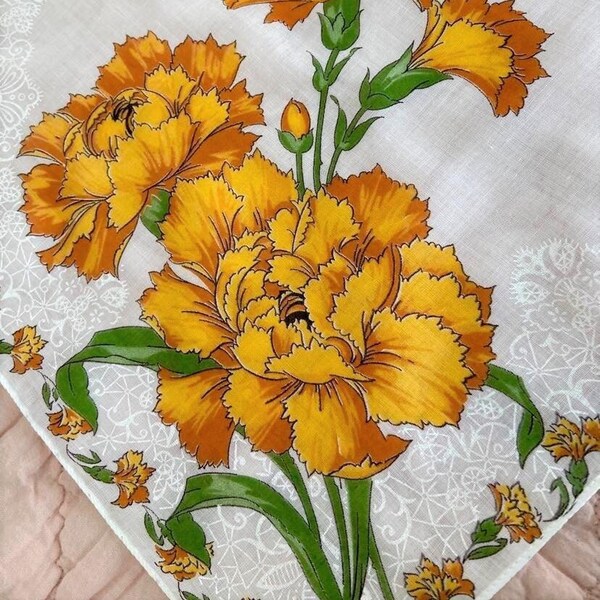 1960s Vintage Handkerchief, Amber Gold Yellow Carnations, Floral Cotton Hanky, Shower Favor, Bridal Country Wedding, Sympathy Gift, Quilting