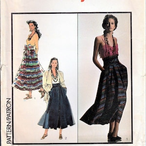 May include: A sewing pattern for two skirts. The pattern is for size 12 and is from the Style brand. The pattern shows two women wearing the skirts. One skirt is a colorful striped skirt with a bow at the waist. The other skirt is a dark blue denim skirt with a high waist.
