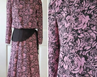 1970s Vintage Dress, 70s Chiffon Sheer Dress, Gored Skirt, Black Mauve Roses, Puff Long Sleeves, Elastic Waist, Scarf Belt, Vintage Size 5