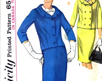 1960s Skirt Suit Sewing Pattern, Straight Fit Skirt, Lined Hip Length Double Breasted Jacket, Elbow Sleeve, Bust 32 Simplicity 5828 Uncut FF