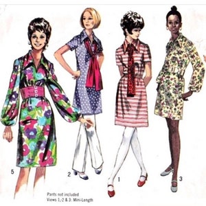 1970s Mod Mini Dress Boho Knee Length Dress, A Line Dress, Long Puffed Sleeve, Sash, Point Collar, Short Sleeves, Simplicity 9219 Bust 34