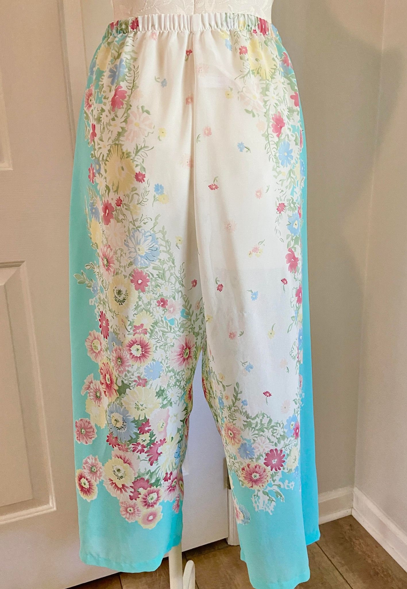 1990s Pajama Set Oscar De La Renta Aqua Floral Chiffon - Etsy