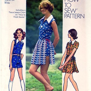 May include: Simplicity sewing pattern featuring three vintage fashion designs. The pattern includes a blue romper, a blue and white patterned skirt and top, and a floral dress. The pattern is for sizes 10, bust 82.5 cm, and waist 61 cm.