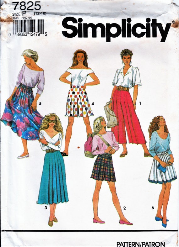1980s Midi Split Skirt Culottes Pleated Mid Length Above Knee Flared Skirt Sewing Pattern 80s Fashion Simplicity 7825 Sizes M to L
