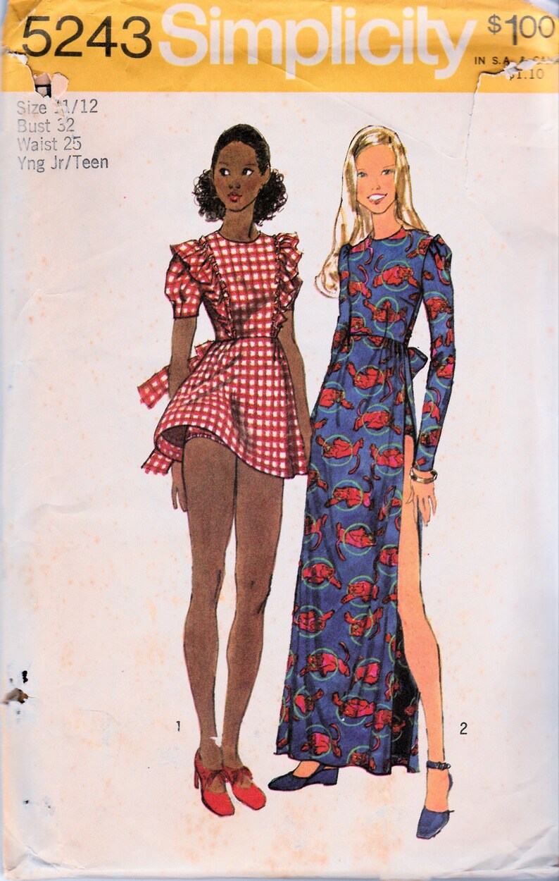 1970s Cottage Core Style Mini Maxi Dress Sewing Pattern, Pinafore Bodice, Ruffles, Puff Sleeves, Bikini Pants, Teen JR, Simplicity 5243, S 