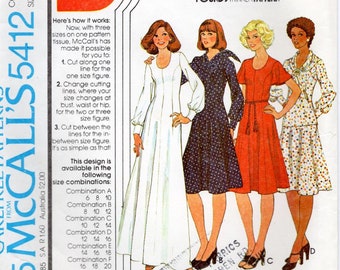 1970s Princess Maxi Gown Dress Sewing Pattern Top Skirt Scarf, Long Gathered Cuff Sleeve, Short Flared, Busts 31 to 34, Uncut McCalls 5412