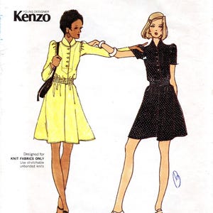May include: Vintage Butterick sewing pattern 3028 featuring two dress designs. The pattern includes a yellow dress with buttons and a black dress with white polka dots. The bust size is 32 1/2 inches, and the size is 10.