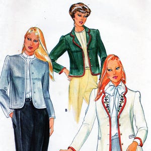 May include: Vintage Butterick sewing pattern 4056 featuring three jacket designs. The jackets are in various colors, including white, green, and gray, with contrasting trim. The pattern size is 12.